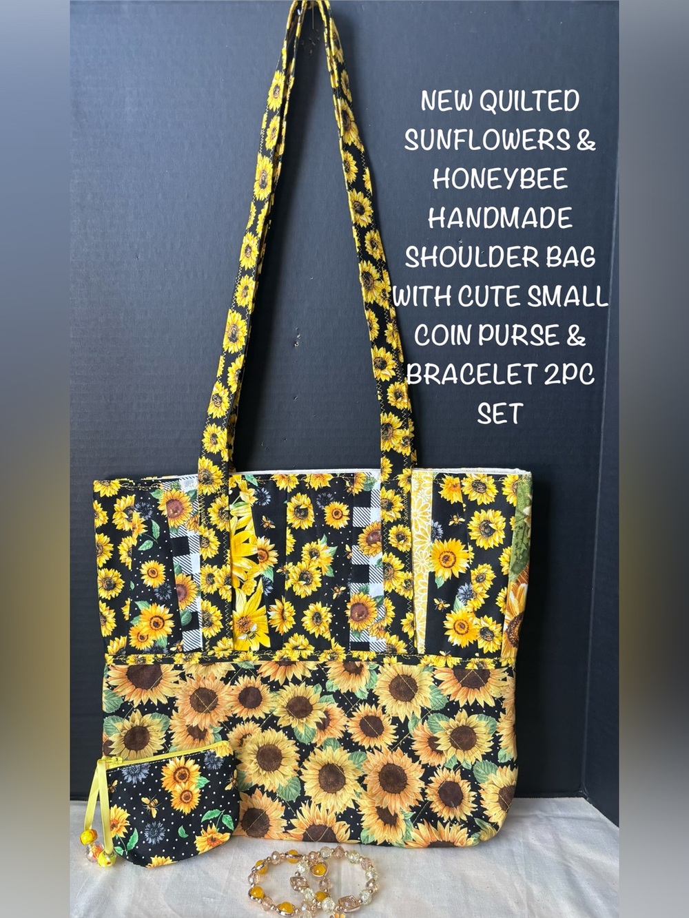QUILTED SUNFLOWERS HONEYBEE TOTE BAG W/COIN PURSE & 2PC HEART & DAISY BRACELETS